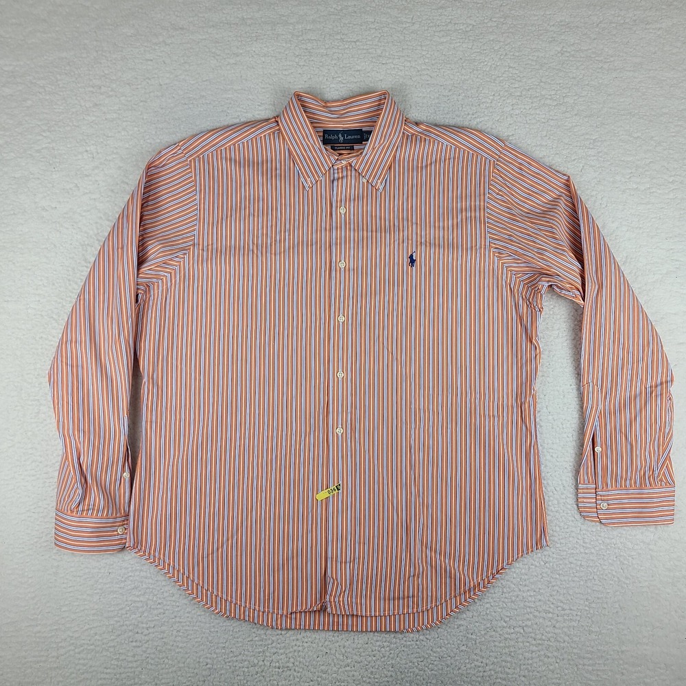 Ralph Lauren Shirt Mens XL Blue Orange Striped Classic Fit Dress Button Down VTG